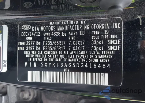 2013 Kia Sorento Lx из США, поврежденный, VIN 5XYKT3A65DG416484